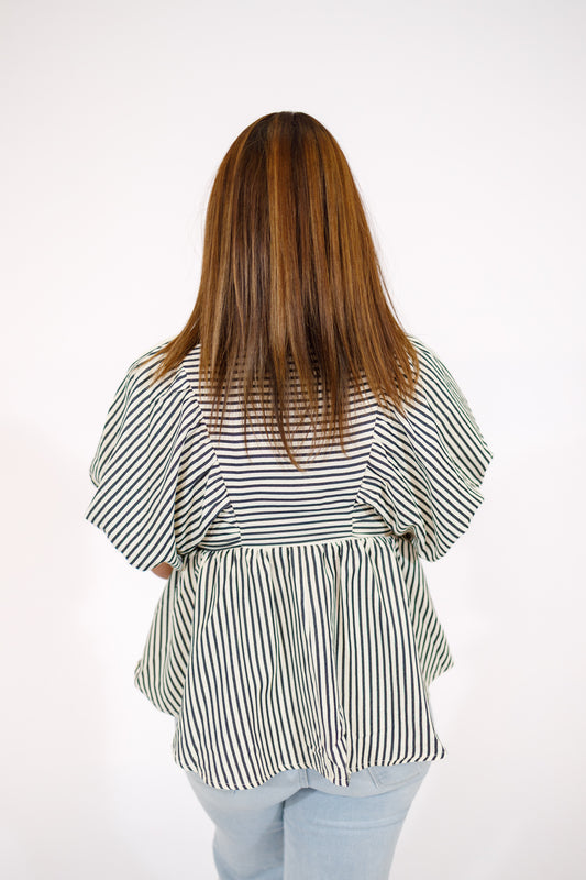 Black Stripe Bubble Sleeve Top