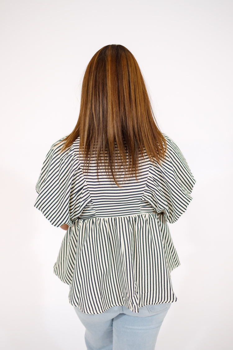Black Stripe Bubble Sleeve Top