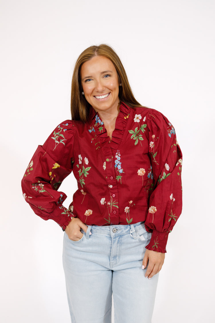 Burgundy Floral Ruffle Top