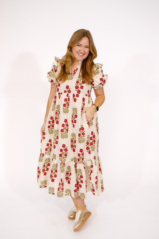 Cream Floral Split Ruffle Neck Midi Dress