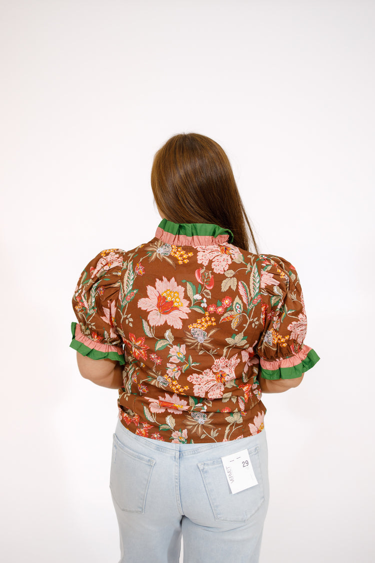 Brown Floral Green Trim Top, S-2XL