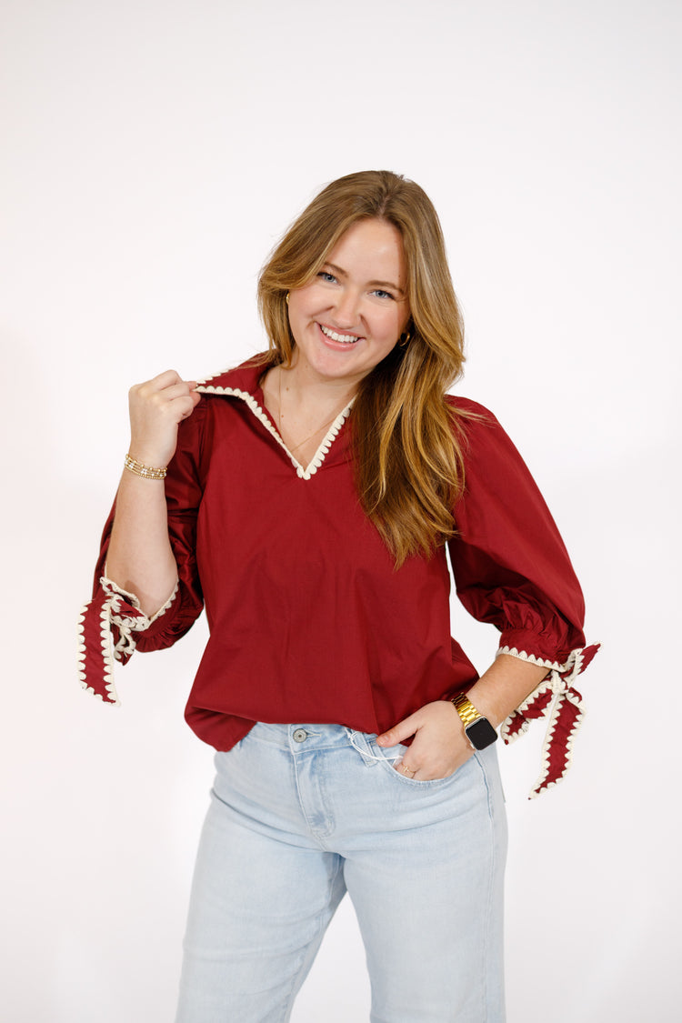Burgundy Scallop Trim Tie Cuff Top