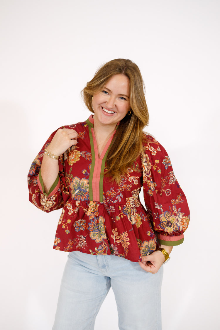 Burgundy Floral Peplum Top