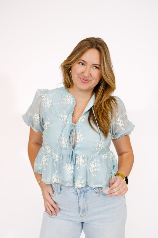 Blue Floral Embroidered Peplum Top