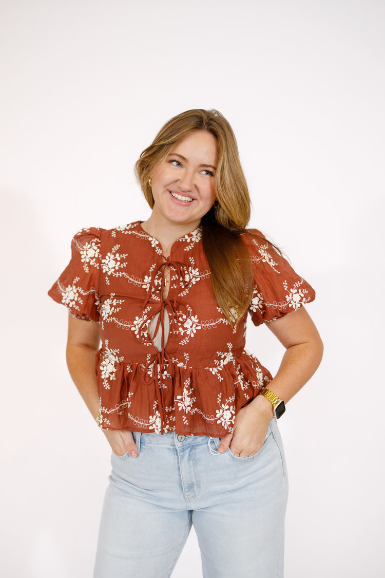 Maroon Floral Embroidered Peplum Top