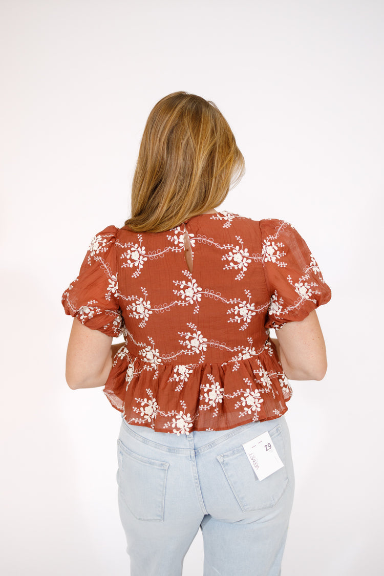 Maroon Floral Embroidered Peplum Top