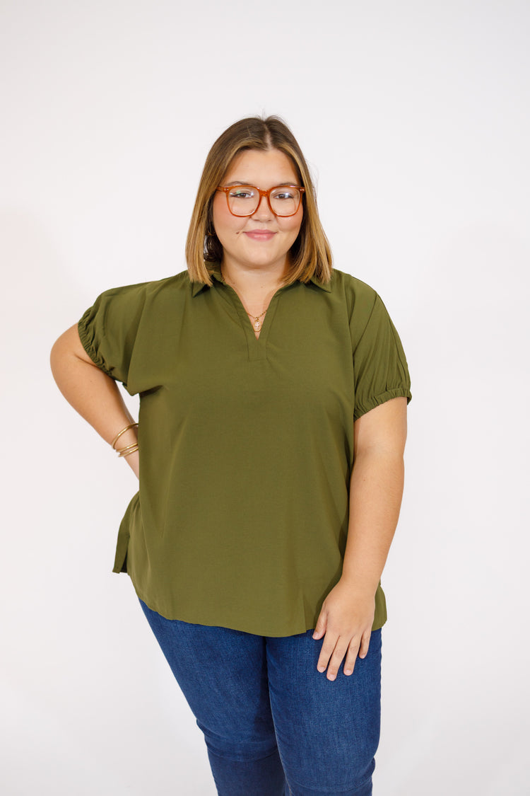 Olive Deep Neck Collar Top, S-2XL