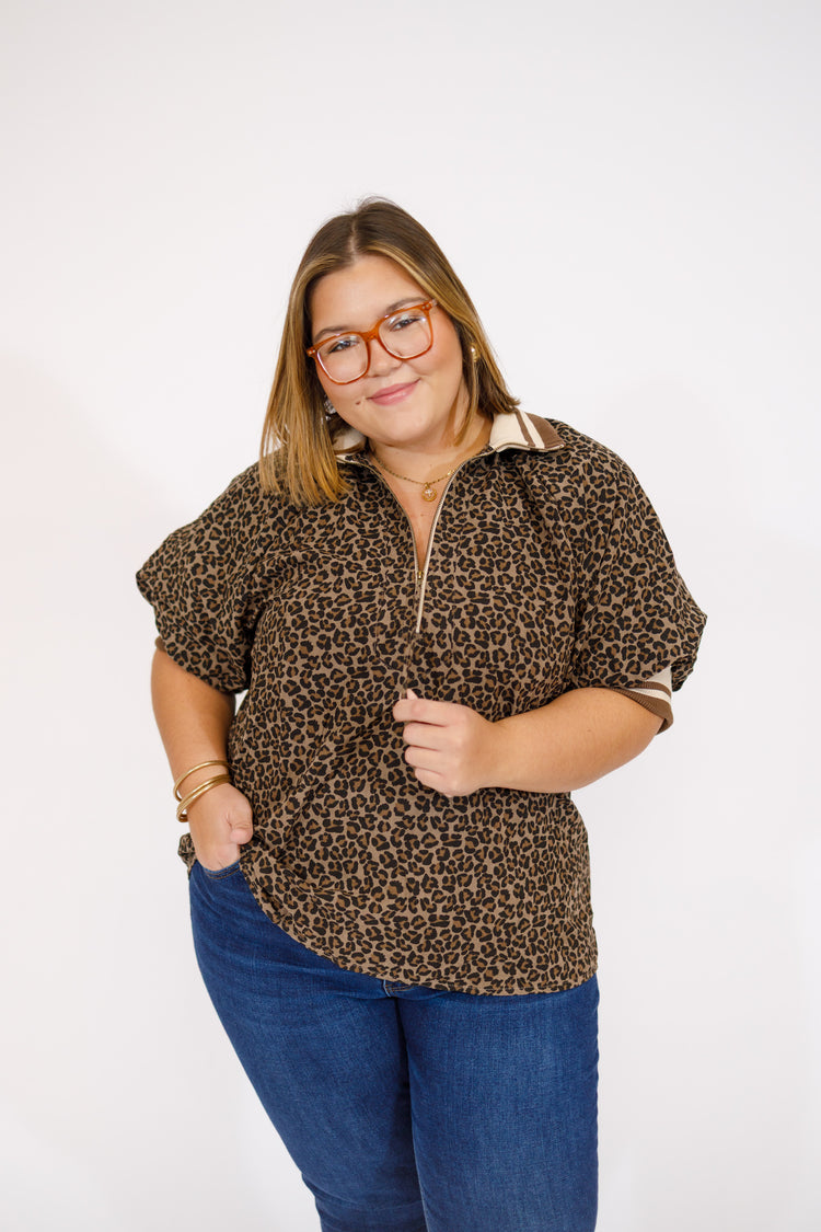 Mocha Leopard Stripe Band Zip Top, S-2XL
