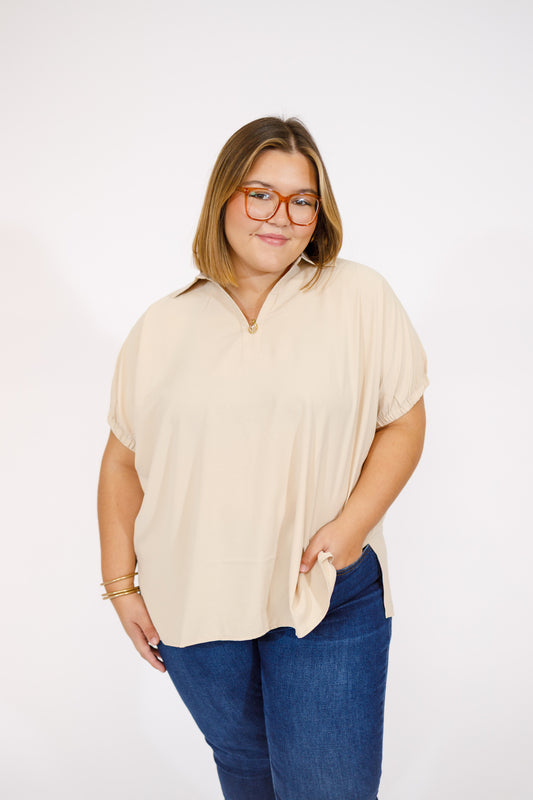 Cream Deep Neck Collar Top, S-2XL