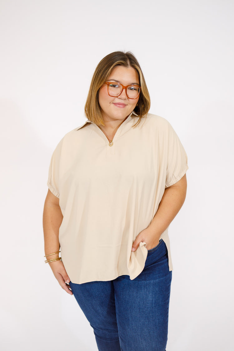 Cream Deep Neck Collar Top, S-2XL