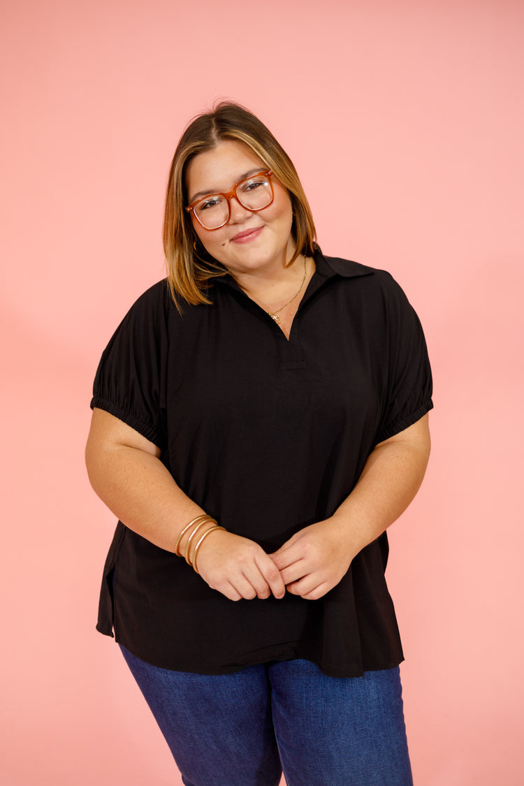 Black Deep Neck Collar Top, S-2XL