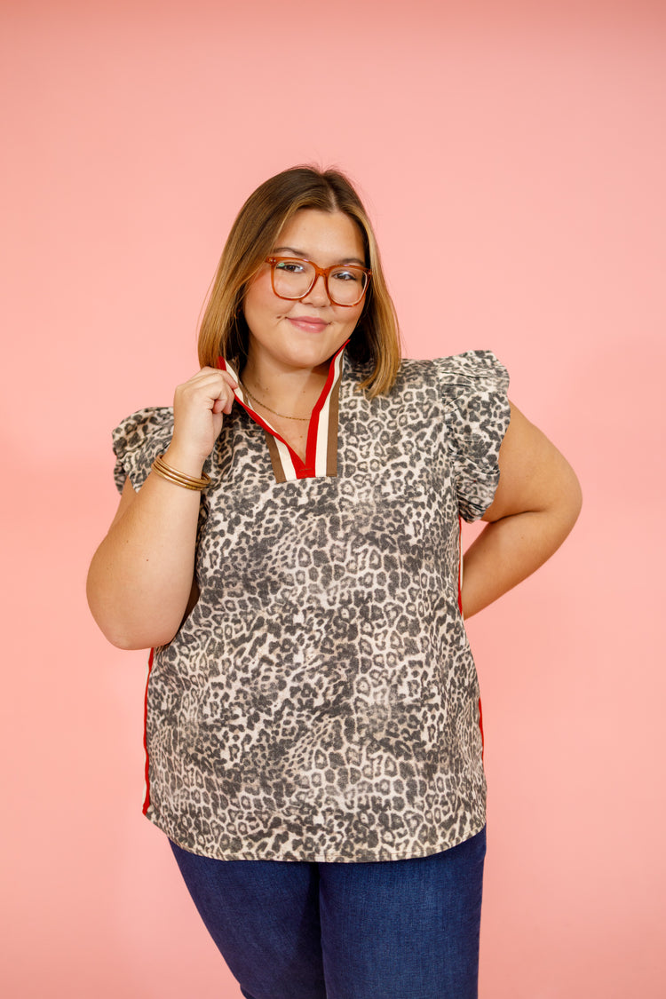 Leopard and Red Accent Top, S-2XL