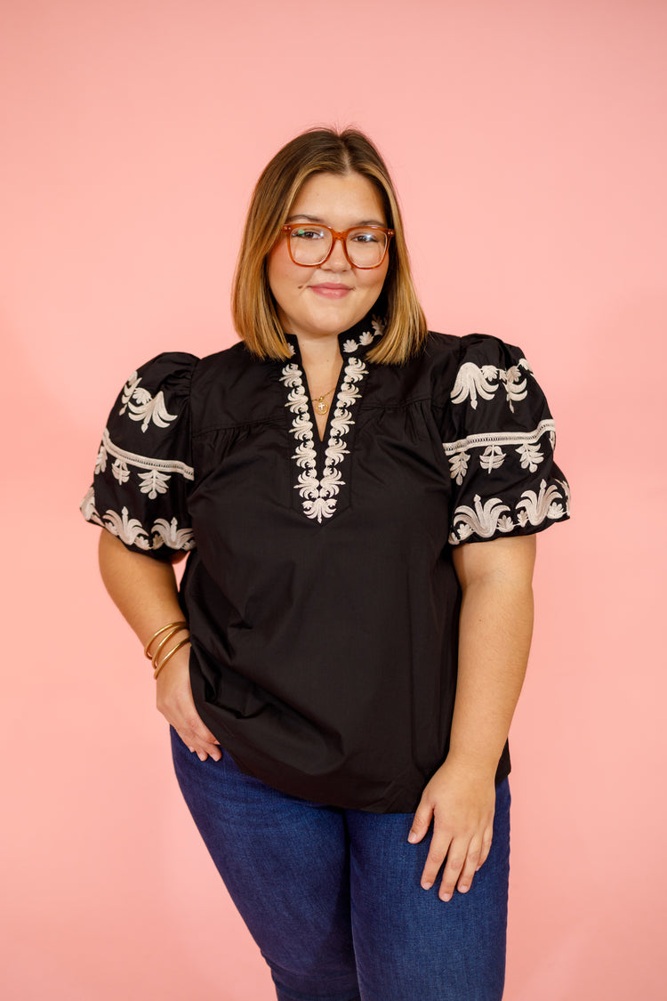 Curvy Black Embroidered Bubble Sleeve Top