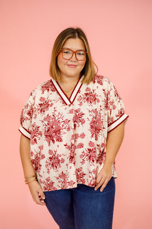 Burgundy Floral Stripe Band Top, S-2XL