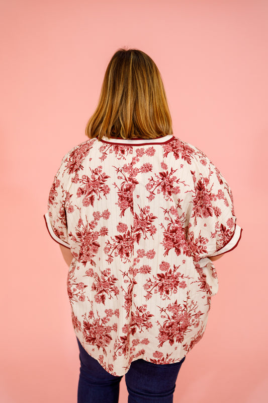 Burgundy Floral Stripe Band Top, S-2XL