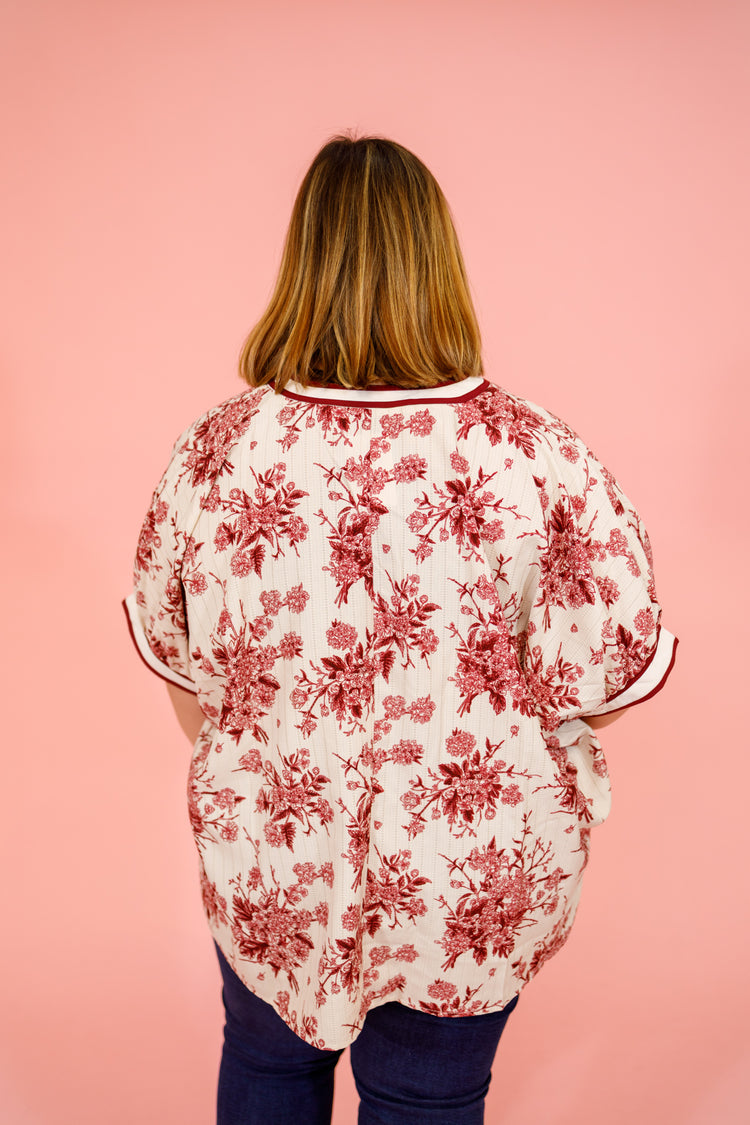 Burgundy Floral Stripe Band Top, S-2XL