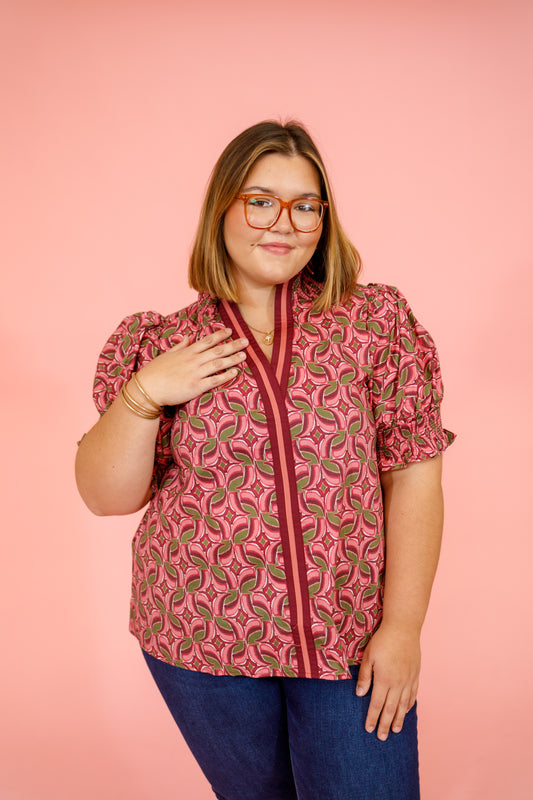 Wine Pattern Puff Sleeve Top, S-2XL
