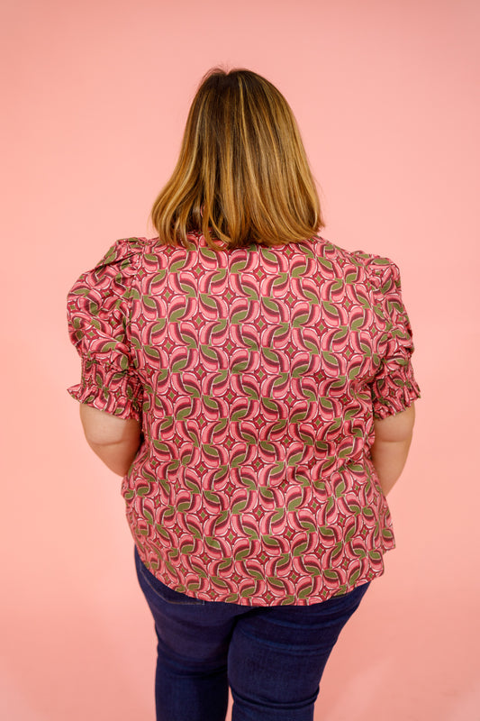 Wine Pattern Puff Sleeve Top, S-2XL