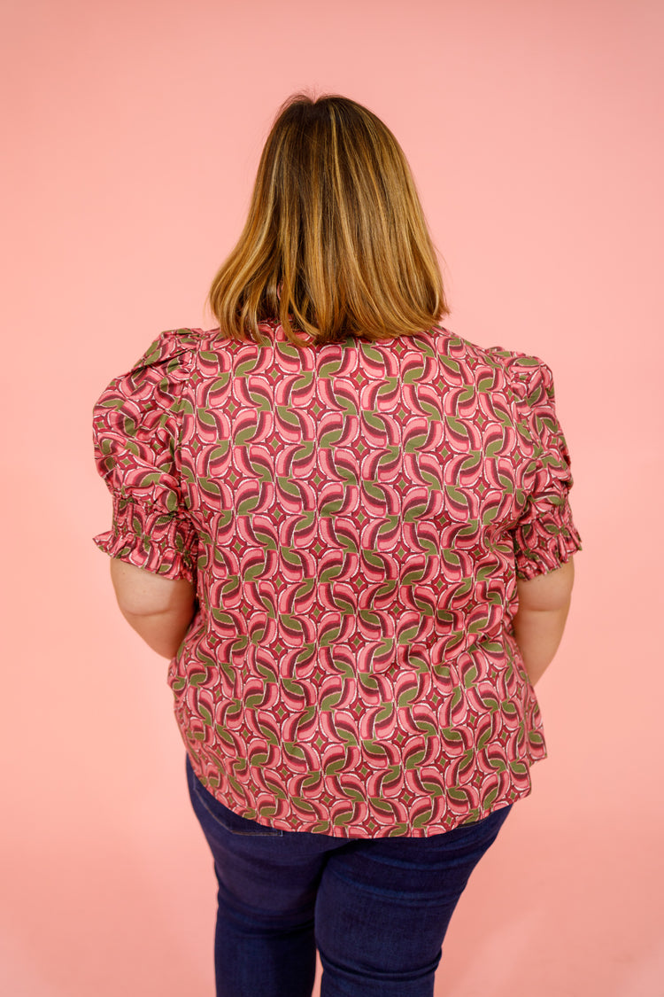 Wine Pattern Puff Sleeve Top, S-2XL