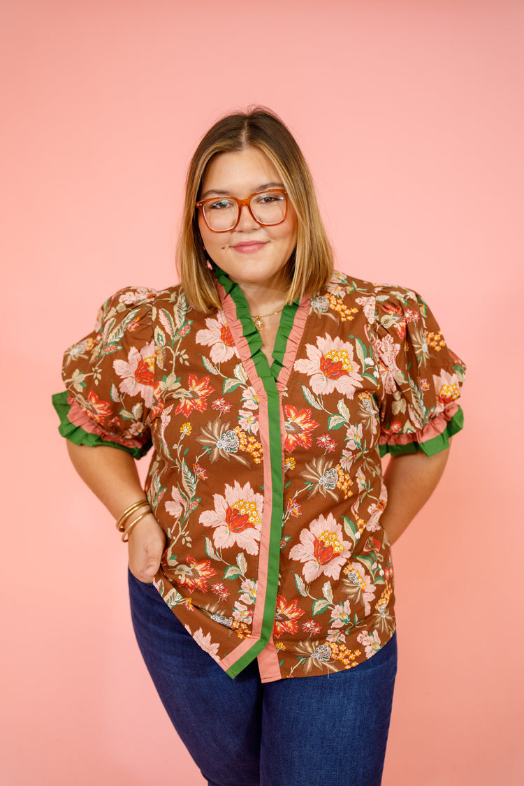 Brown Floral Green Trim Top, S-2XL
