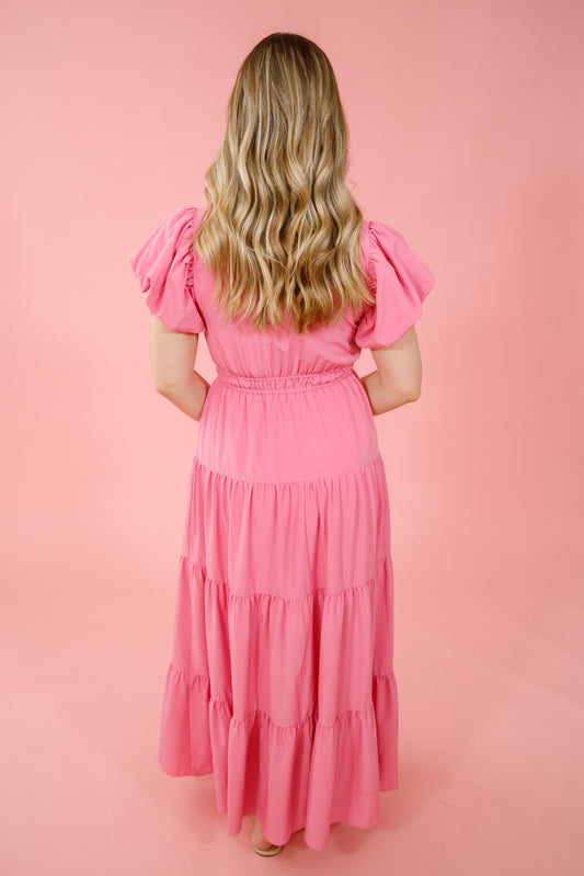 Pink Ruffle Sleeve Tiered Midi Dress