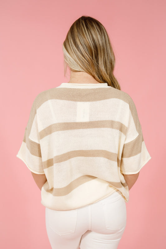 Striped Short Sleeve Sweater Top, LATTE