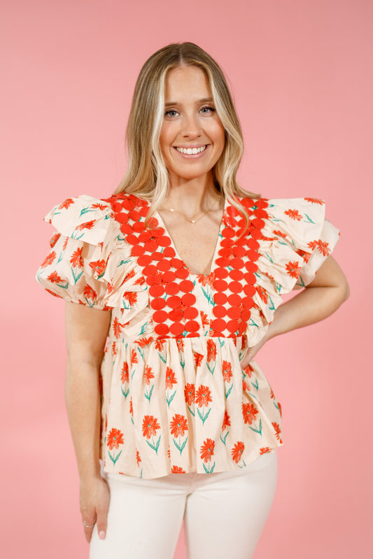 Orange Floral and Circle Embroidered Top