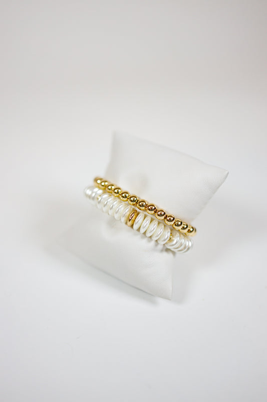 2 Row Beads Rondelle Pearl & Gold Bracelet