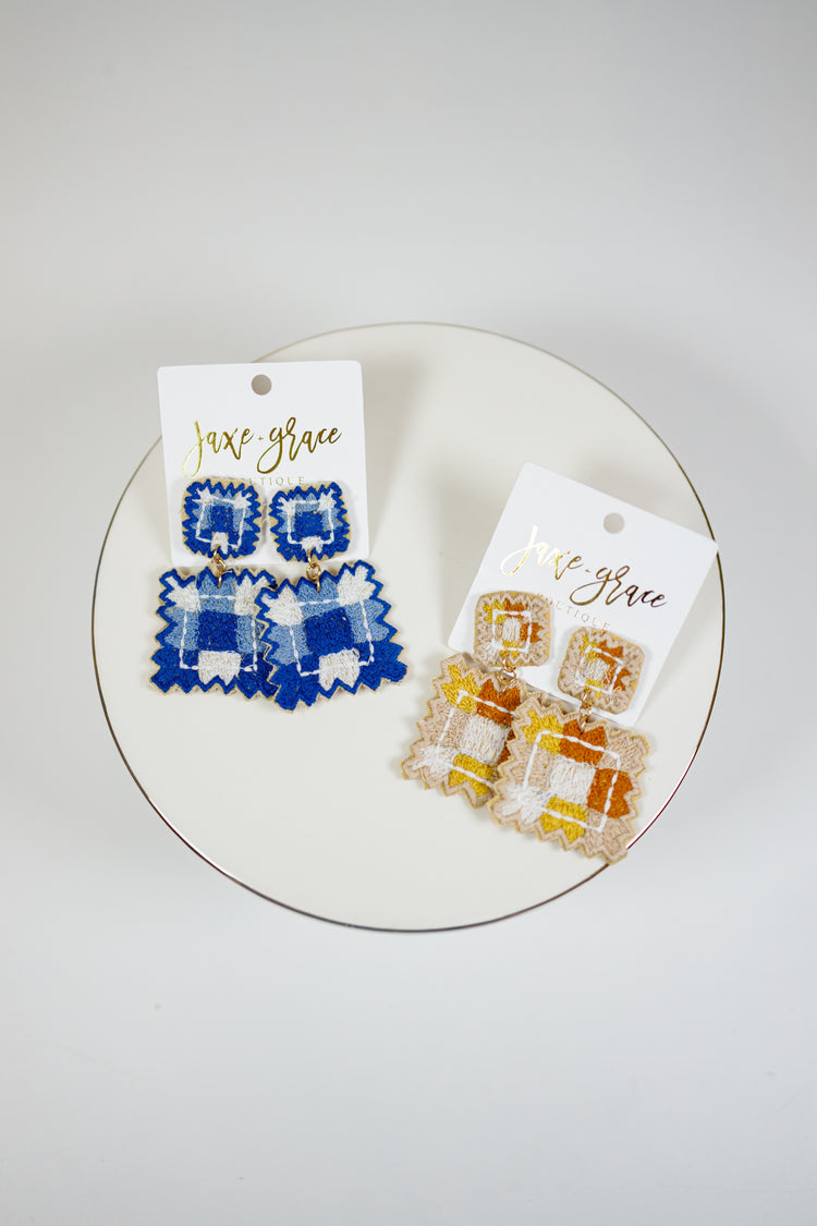 Embroidered Square Drop Earrings, VARIOUS