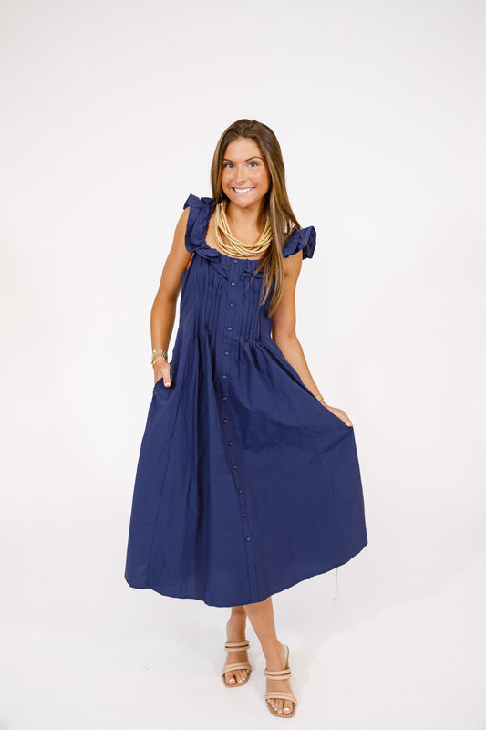 Navy Pleated Button Dress