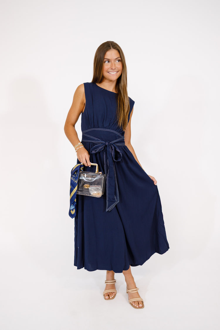 Navy Topstitching Back Bow Dress