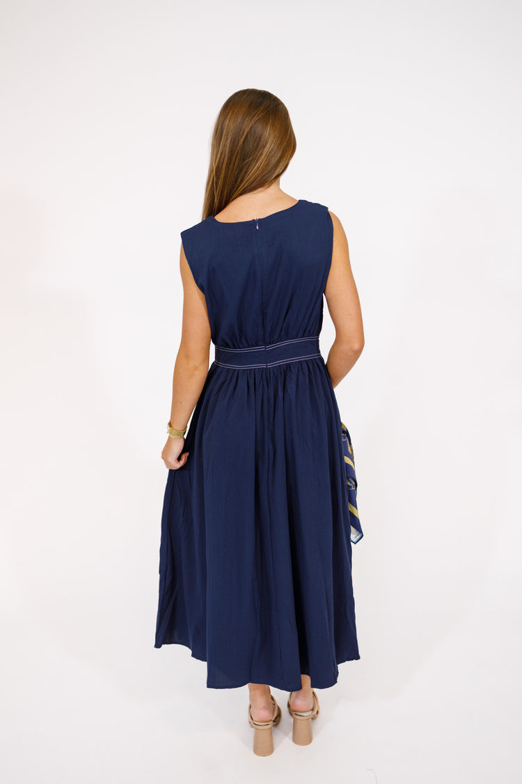 Navy Topstitching Back Bow Dress