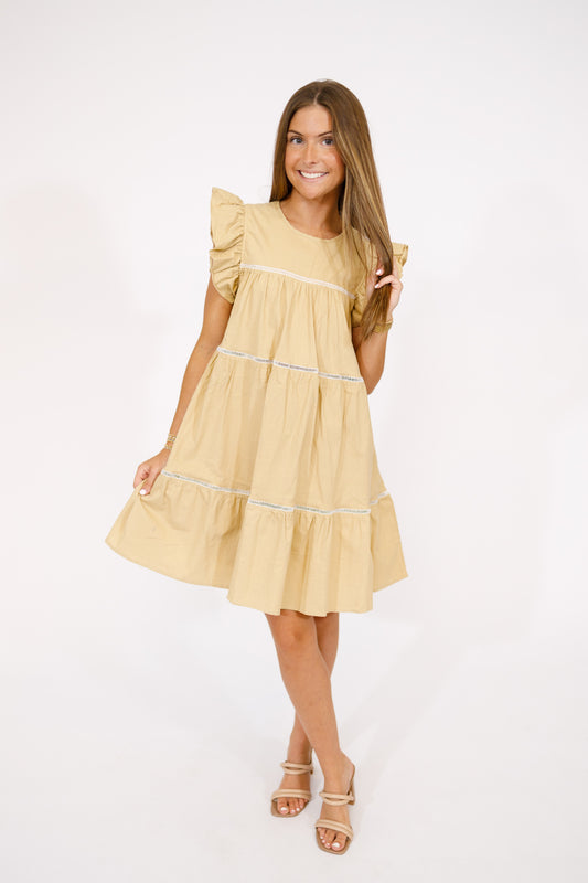 Beige Embroidered Trim Tiered Dress