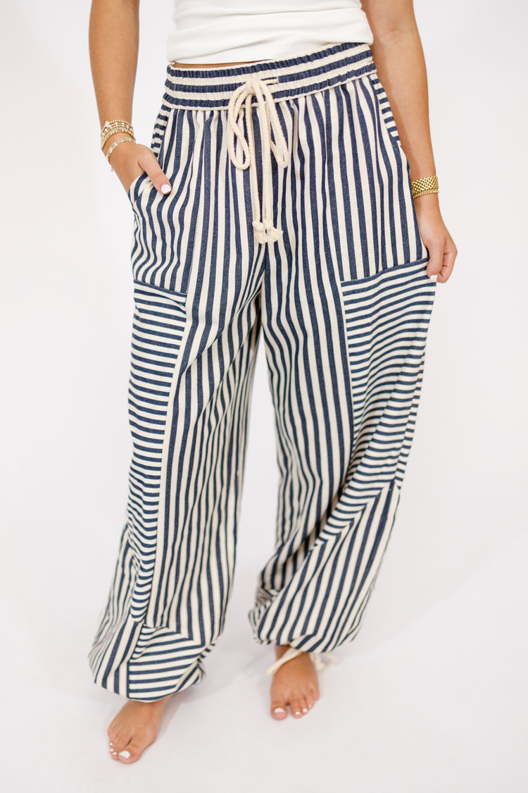 Navy Mixed Stripe Parachute Pants