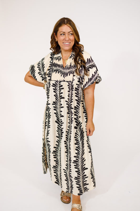 Cream and Black Pattern Puff Sleeve Midi Dress