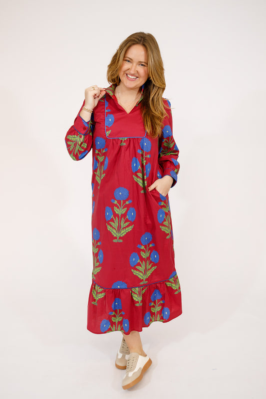 Burgundy Floral High Neck Dress