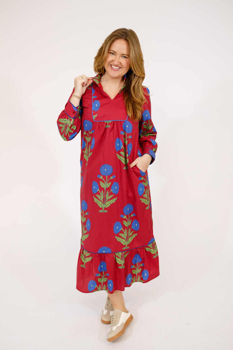 Burgundy Floral High Neck Dress