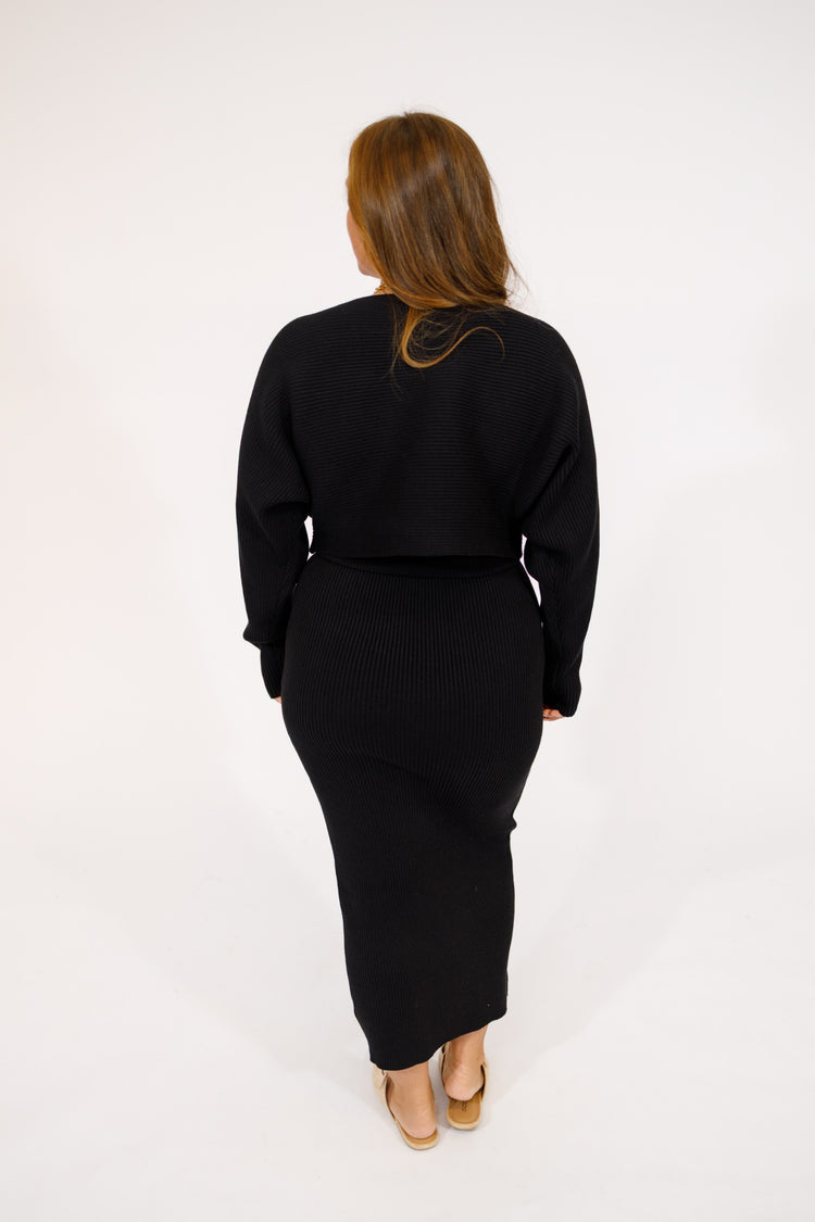 Black Crop Knit Top and Midi Skirt Set