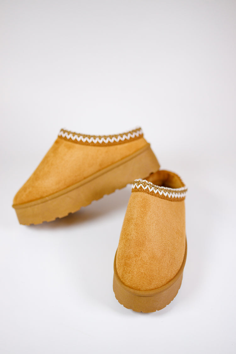 Tan Embroidered Trim Fur Lined Slip on Shoes