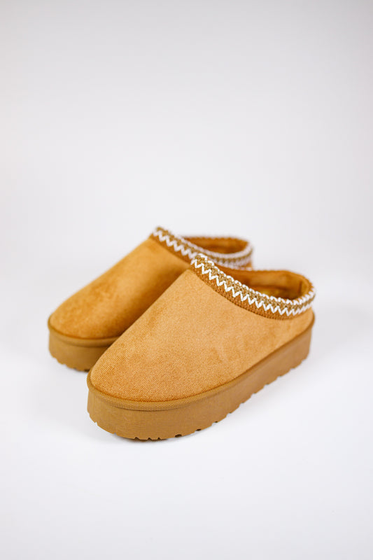 Tan Embroidered Trim Fur Lined Slip on Shoes