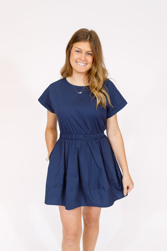 Navy Elastic Waist Mini Dress