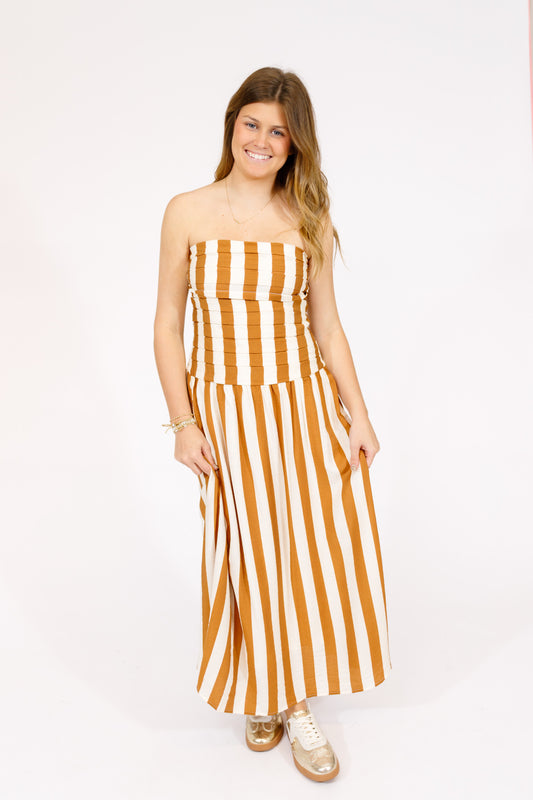 Tan Vertical Stripe Strapless Dress