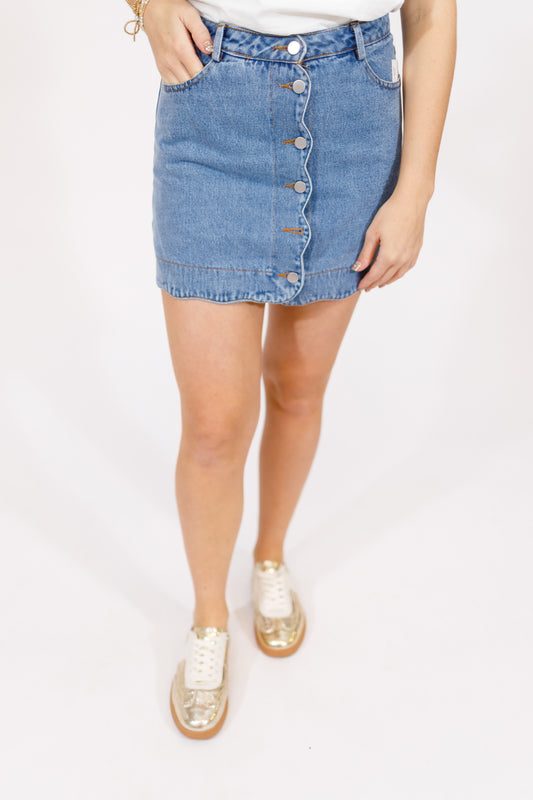 Denim Button Scallop Skirt