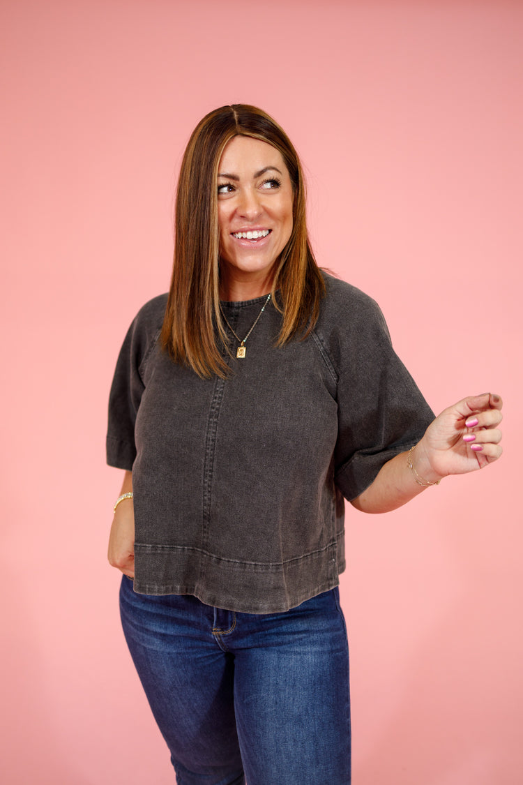 Black Denim Back Tie Top