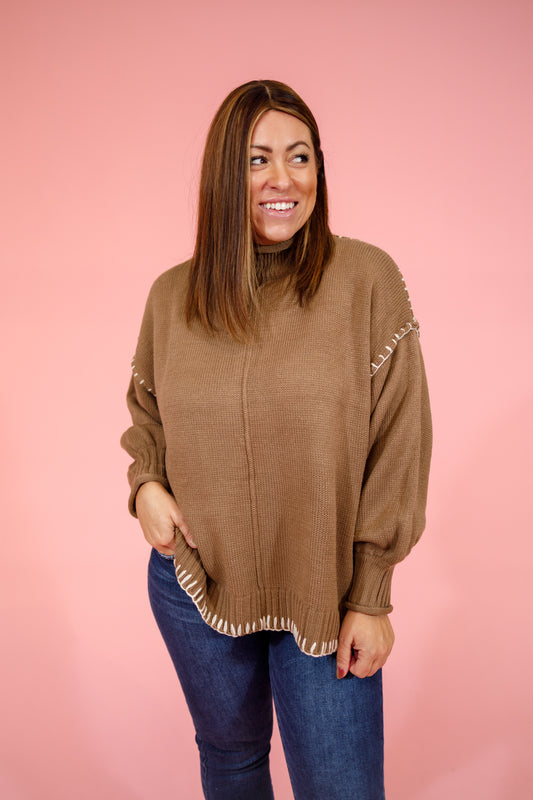 Mocha Mock Neck Stitch Sweater