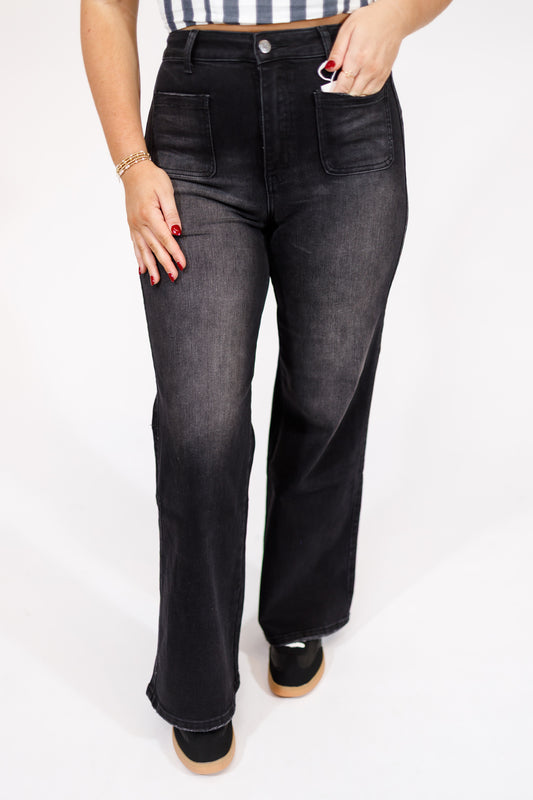 Black Front Pocket Flare Jeans