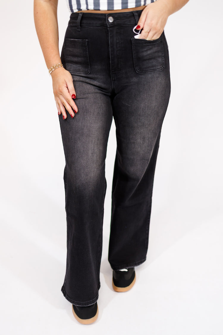 Black Front Pocket Flare Jeans
