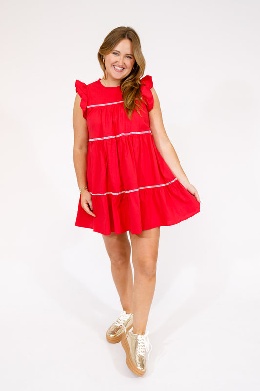 Red Embroidered Trim Tiered Dress
