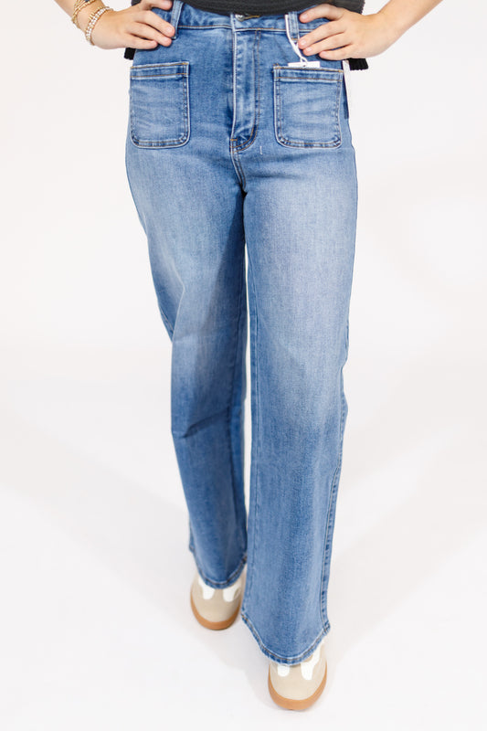 Medium Denim Front Pocket Flare Jeans