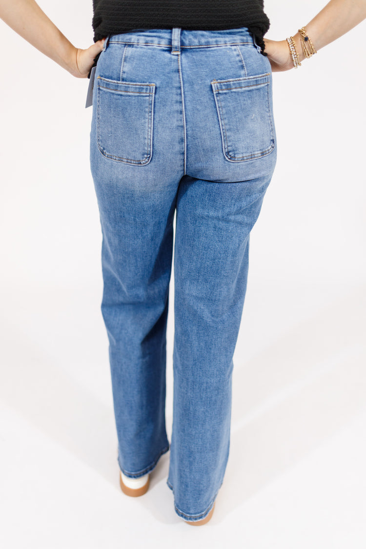 Medium Denim Front Pocket Flare Jeans